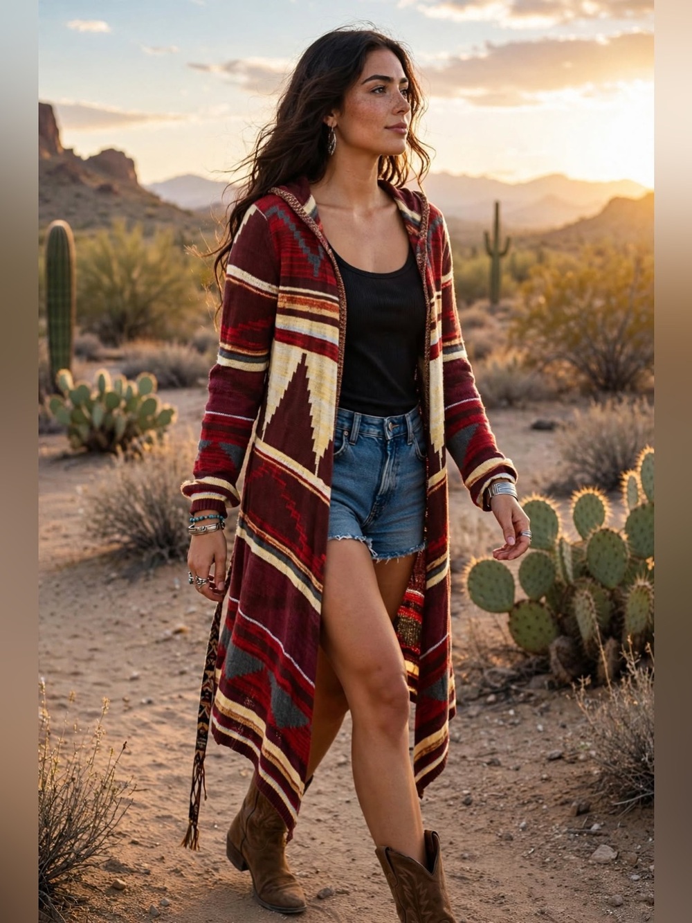 Elan Aztec Hooded Duster Cardigan Long Southwestern Boho - Size L